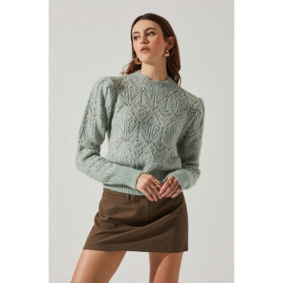 Astr Sweaters - Revolve Astr The Label Sweater M Wool Knit Pale Blue/Green Puff Sleeve Pointelle